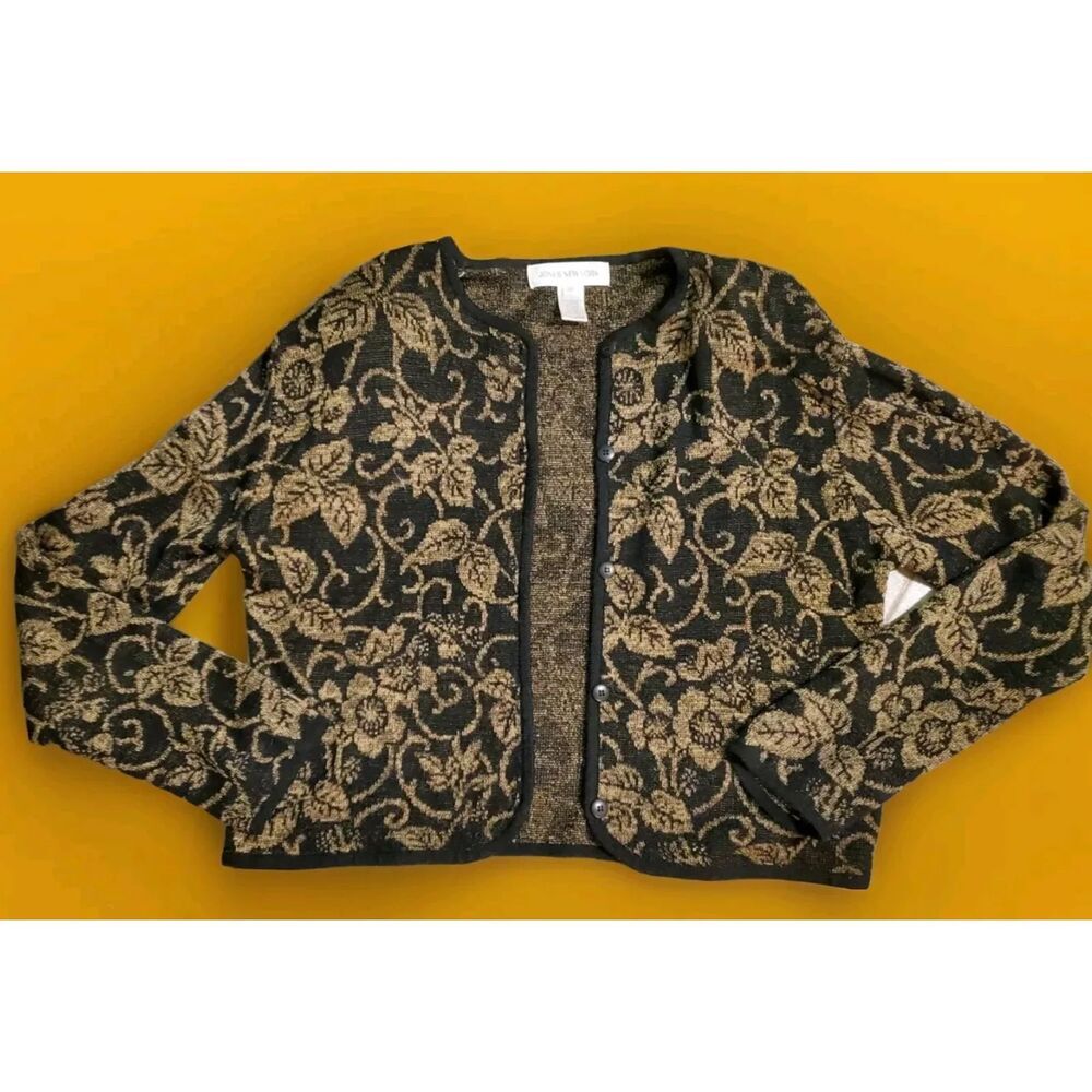Vntg Jones New York Womens Cardigan Medium Black And Brown Leaves
